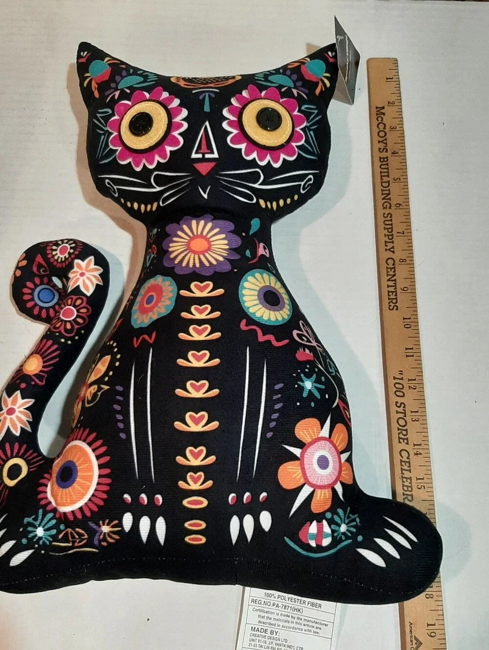 Halloween Day of the Dead Sugar Skull Skeleton Cat Pillow NWT